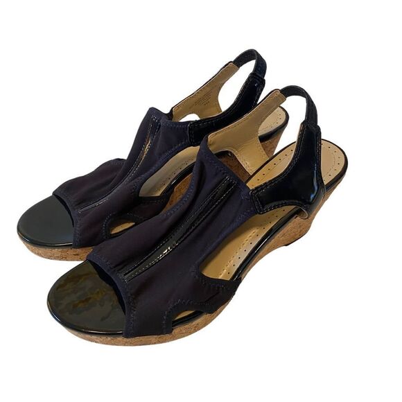 Adrienne Vittadini Black Cloth & Patent Leather Peep Toe Cork Wedge Heels. - Picture 1 of 6